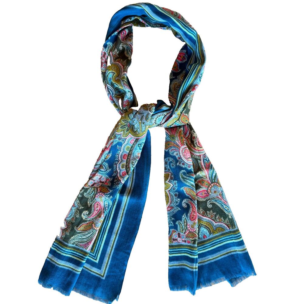 J Jill Scarf 69"x24" Teal Jacquard Paisley Stripe Eyelash Fringe Cotton EUC